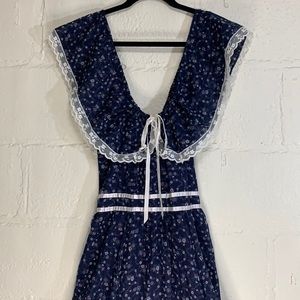 Vintage Gunne Sax by Jessica Navy Calico Off the Shoulder Prairie Dress Sz XS/S